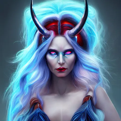 Prompt: perfectly - centered close - up face - portrait of a goddess with glowing red eyes and long blue hair and horns on her head, the perfect human female specimen, intricate, elegant, super highly detailed, professional digital painting, artstation, concept art, smooth, sharp focus, no blur, no dof, extreme illustration, unreal engine 5, 8 k, by anne stokes