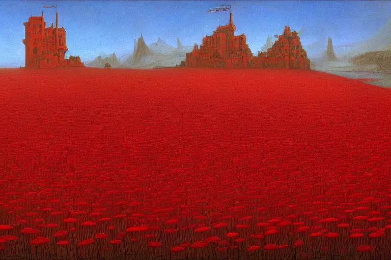 Image similar to only with red, red flowers of different types, a castle in the background, red orcs and trolls dance over the flowers, in the style of beksinski, part by hopper, part by rodcenko, part by hofbauer, intricate composition, red by caravaggio, insanely quality, highly detailed, masterpiece, red light, artstation