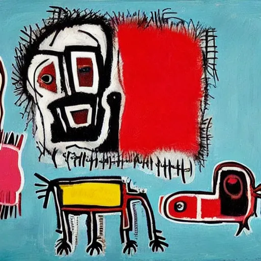 Prompt: “pigs, bagels, diamonds, syringe, pathology, mask, latex gloves, by Jean-Michel Basquiat”