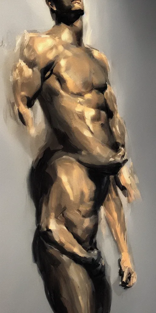 Prompt: closeup, very few thick long paint brush strokes, outline suggesting the physique of one!!! very thin athletic man posing dramatically, closeup, matte colors, dark background, abstract painting trending on artstation
