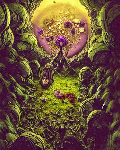Image similar to the platonic ideal of flowers, rotting, insects and praying of cletus kasady carnage thanos dementor doctor manhattan chtulu mandelbulb studio ghibli lichen mandala bioshock davinci the witcher, d & d, fantasy, ego death, decay, dmt, psilocybin, art by anders zorn and richard bergh