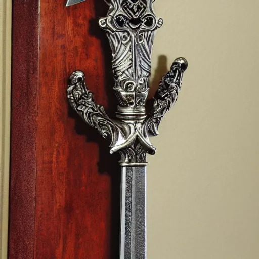 Image similar to sword of justice hanging on a wall, ornate gem in pommel, engraved blade