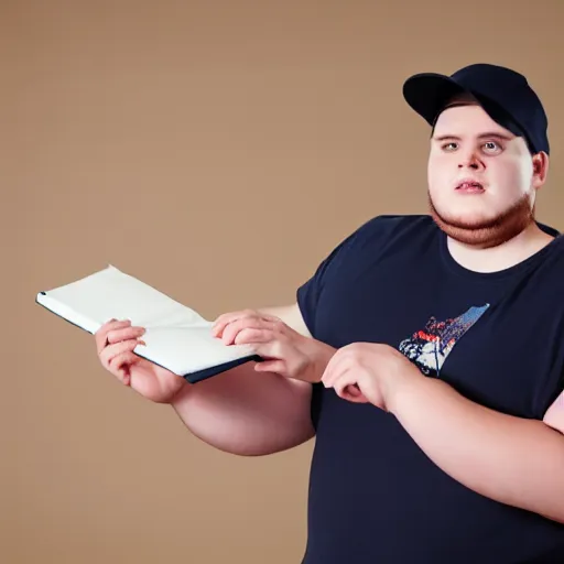 Image similar to obese young man with a t-shirt and cap with the letter P, drawing a comic