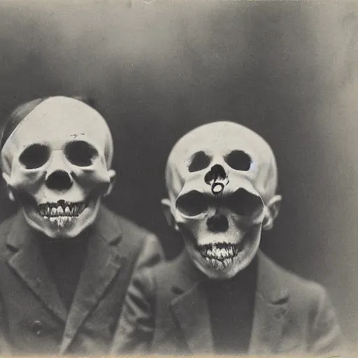 Image similar to portrait of children wearing skull masks, photograph, style of atget, 1 9 1 0, creepy, dark