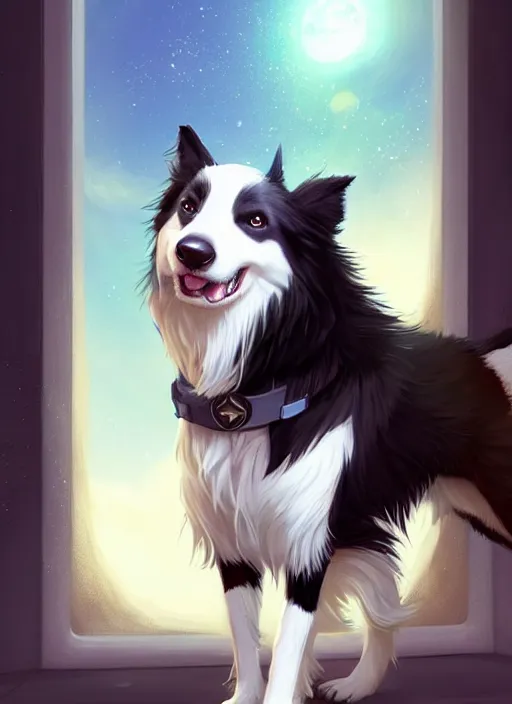 Image similar to wide angle beautiful full body portrait of a cute male anthropomorphic border collie fursona wearing a starfleet uniform on a starsheep and posing in front of a window, character design by charlie bowater, henry asencio, and ross tran, furry art, furaffinity, scenic background, beautiful, glamor pose, detailed, trending on artstation