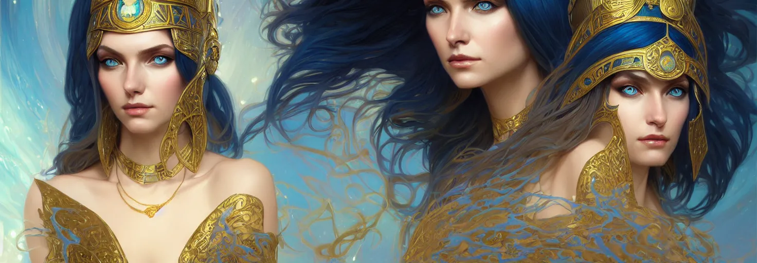 Image similar to fantasy magic woman portrait, blue eyes, face, cleopatra hair, astral, intricate, elegant, highly detailed, digital painting, artstation, concept art, smooth, sharp focus, illustration, art by artgerm and greg rutkowski and alphonse mucha