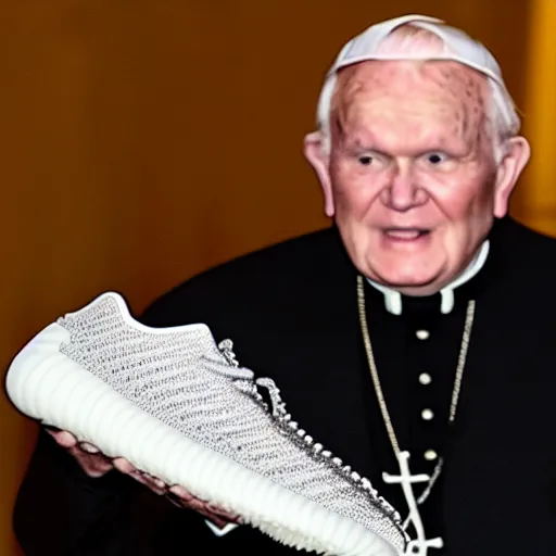 Image similar to john paul ii admiring a yeezy shoe sneaker which he holds in his hands