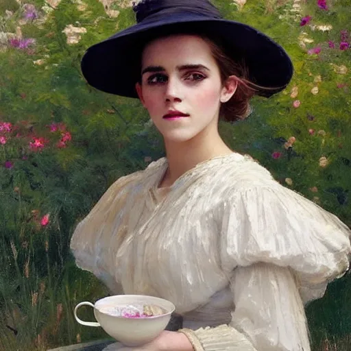 Image similar to thick paint brush strokes full body fashion model emma watson by Jeremy Lipking by Hasui Kawase by Richard Schmid (((smokey eyes makeup eye shadow fantasy, glow, shimmer as victorian woman in a long white frilly lace dress and a large white hat having tea in a sunroom filled with flowers, roses and lush fern flowers ,intricate, night, highly detailed, dramatic lighting))) , high quality