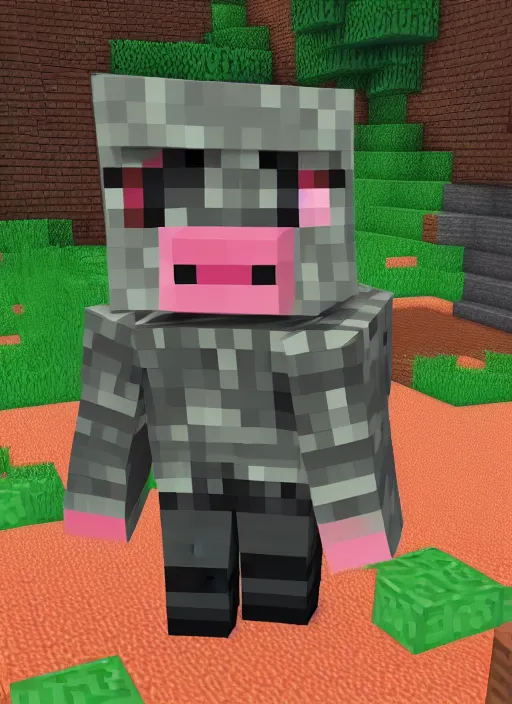 Image similar to pig from minecraft standing upright wearing iron armor and holding a sword