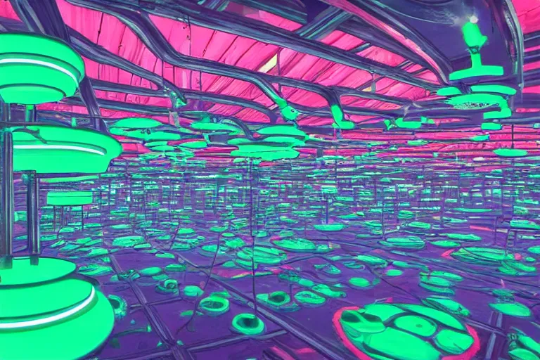 Image similar to dystopian neon fish factory