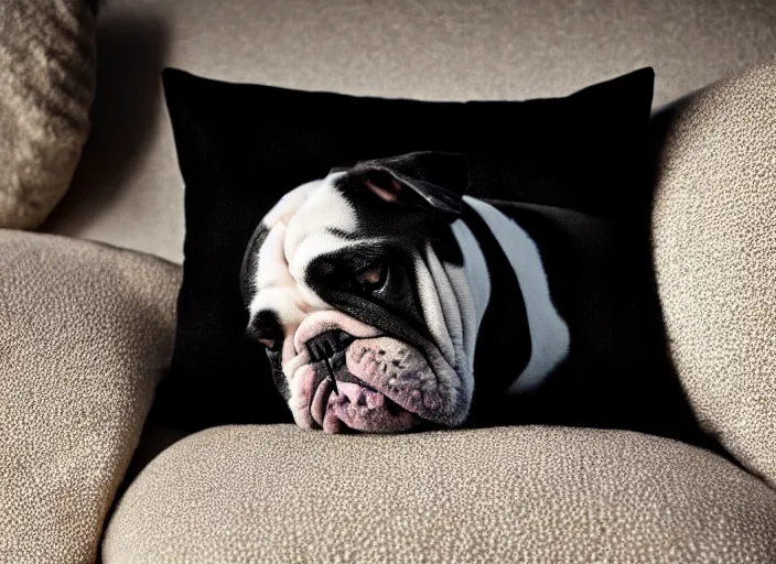 Image similar to a closeup, 4 5 mm, portrait of a sleeping english bulldog in a bed, on a pillow, candle light, 4 5 mm, by franz lanting