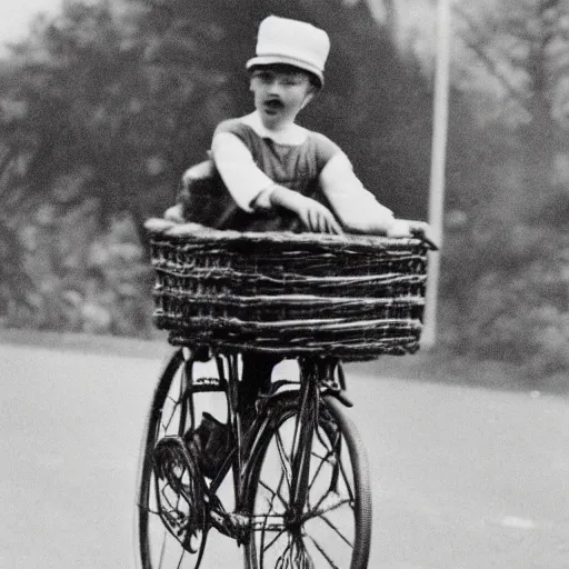 Prompt: a grainy, vintage black and white photograph of a rabbit riding a bicycle