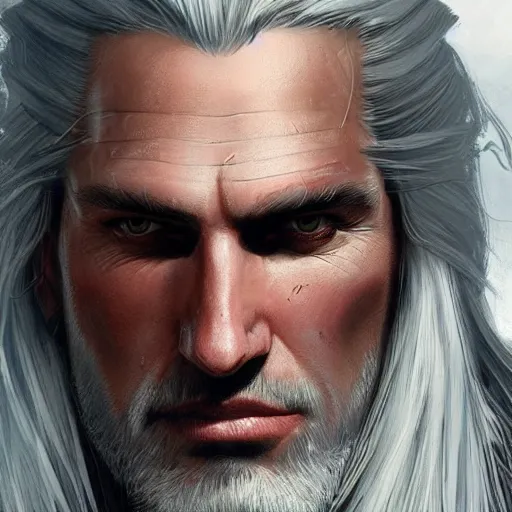 Image similar to closeup portrait of Geralt of Rivia, D&D, fantasy, highly detailed, digital painting, trending on artstation, concept art, sharp focus, illustration, art by artgerm and greg rutkowski and magali villeneuve