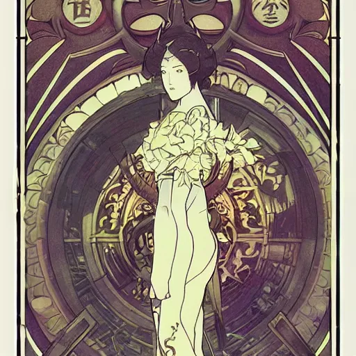 Image similar to the portal of salvation mystical japanese architecture hyperrealistic detail line work female ninja samurai ethereal character concept art wide angle shot muted colors cinematic lighting detailed and intricate style of alphonse mucha and j. c. leyendecker tarot card art print