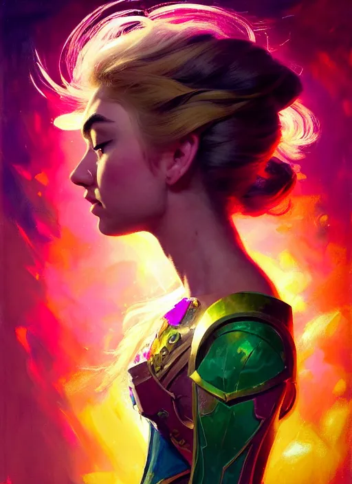 Image similar to side portrait, imogen poots, paladin, gloomhaven, colorful gaudy colors, luminescent, hard edges, organic painting, by greg manchess, huang guangjian, gil elvgren, greg rutkowski, jesper ejsing, magali villeneuve, artgerm, ilya kuvshinov