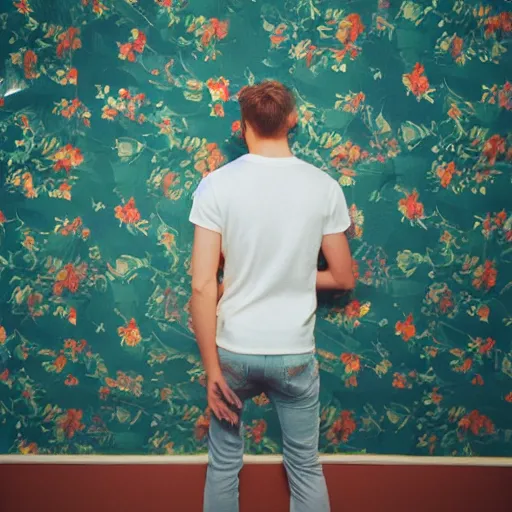 Image similar to kodak portra 4 0 0 photograph of a skinny blonde guy standing in front of floral wallpaper, back view, moody lighting, telephoto, 9 0 s vibe, blurry background, vaporwave colors, faded!,