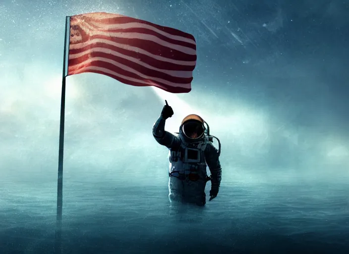 Image similar to astronaut holding a flag in an underwater desert. a submarine is visible in the distance. dark, concept art, cinematic, dramatic, atmospheric, 8 k, trending on artstation, blue, fish, low visibility, fog, ocean floor, christopher nolan, interstellar