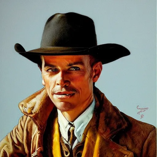 Image similar to portrait illustration of a man, cowboy hat, portrait, , wild west, fantasy, highly detailed, oil painting, illustration, art by Charles E. Chambers, J. C. Leyendecker and norman rockwell. Trending face portrait paintings