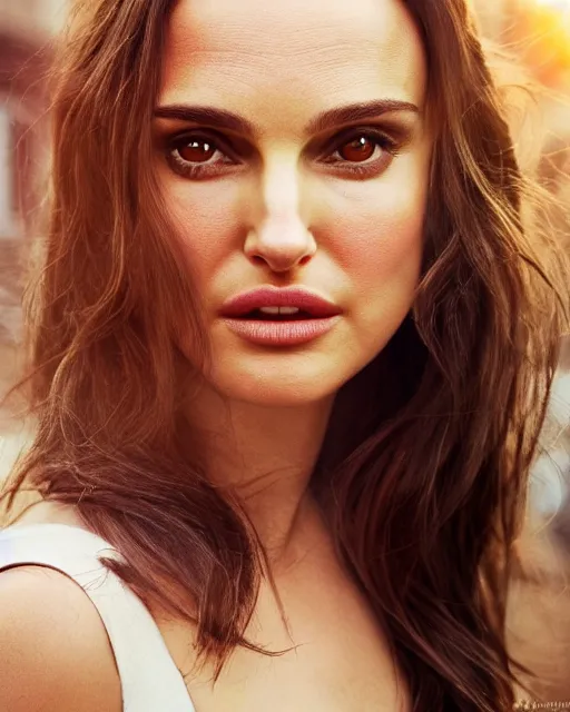 Image similar to Beautiful Head and shoulders portrait of confident flirty Natalie Portman with straight long brown hair, by Zoë Mozert , Stephen Wayda , alberto Vargas, arney freytag, artstation, 35mm, fashion photoshoot, posing in an urban street, golden hour, bokeh, rim lighting, fashion pose, octane, 4k