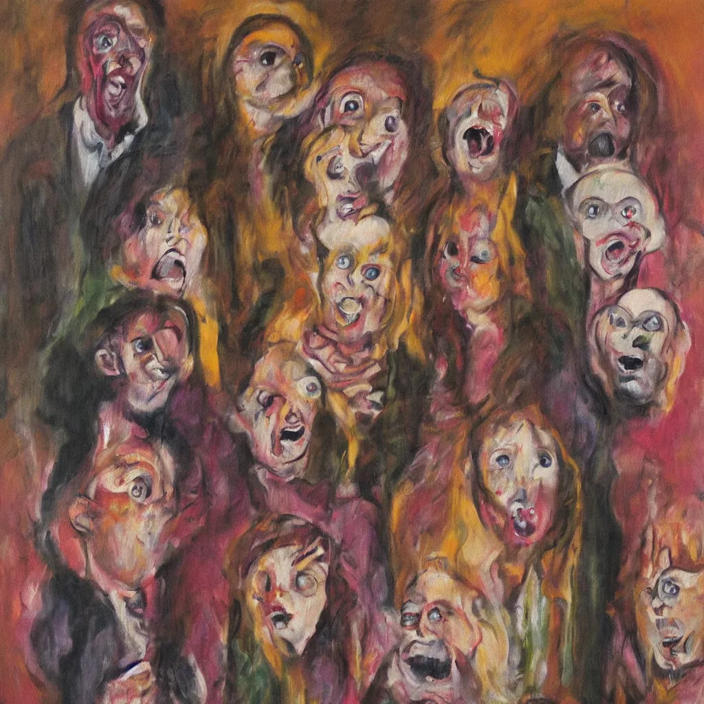 Image similar to oil painting of a family photo, screaming eyes wide shot art by francis bacon