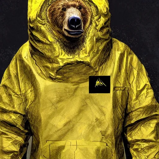 Image similar to portrait of full body bear beast-man wearing a hazmat suit, digital art, concept art, highly detailed, sharp focus