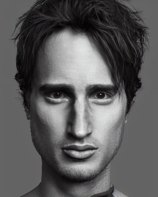 Prompt: Super realistic version of Jeff Buckley, symmetrical face, photo realistic, detailed , headroom, 8k, unreal engine 5, hyper realistic, artgerm, trending on artstation