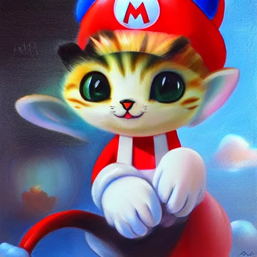 Image similar to A beautiful oil painting of a Kawaii Cat wearing a Super Mario Hat, illustration, art by artgerm, volumetric lighting, photorealistic, highly detailed.