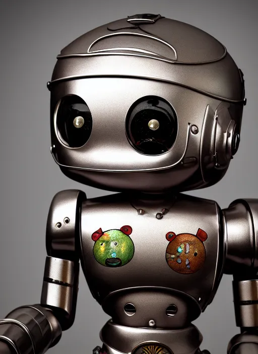 Prompt: highly detailed closeup portrait of a cute tin toy retro robot, nicoletta ceccoli, mark ryden, lostfish, earl nore, hyung tae, frank frazetta, global illumination, god rays, detailed and intricate environment