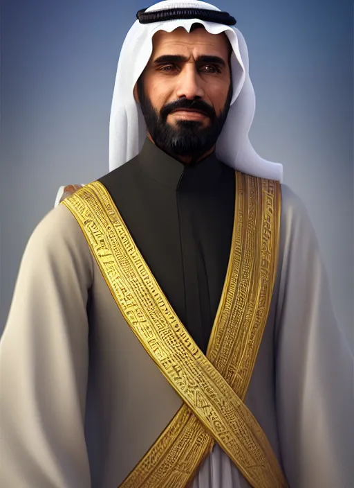 Prompt: portrait of sheikh mohammad ruler of dubai, trending in artstation, cinematic lighting, studio quality, smooth render, unreal engine 5 rendered, octane rendered, art style by klimt and nixeu and ian sprigger and wlop and krenz cushart.