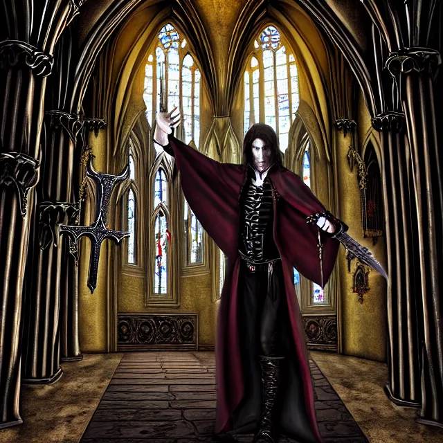 Image similar to a vampire warrior in a gothic church, highly detailed, 4 k, hdr, smooth, sharp focus, high resolution, award - winning photo, illustrated by anne stokes, photorealistic