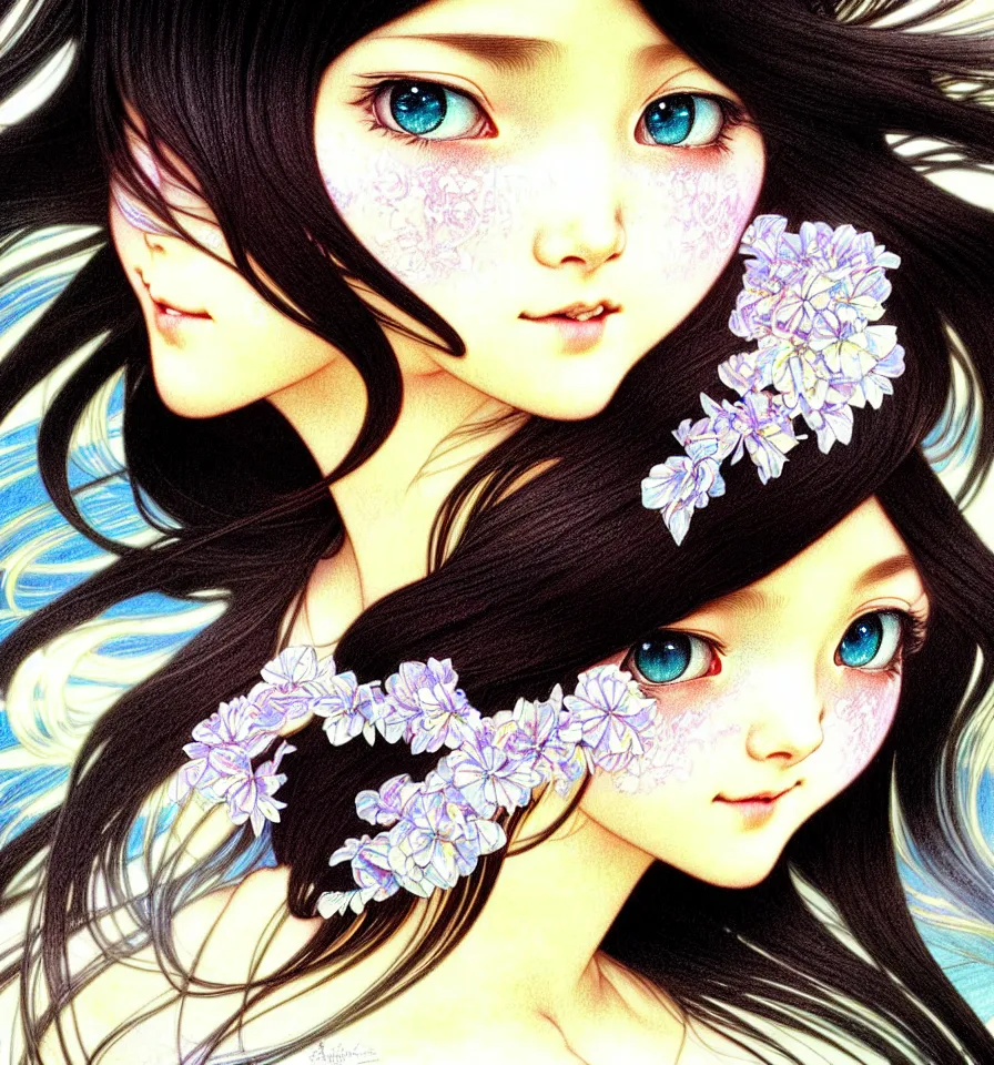 Image similar to closeup portrait of a sweet girl with silky black long hair is covered in white powdered sugar posing for the camera in a bakery kitchen. insanely and epically detailed high-quality artwork with soft colors, exquisitely detailed soft shadowing, amazingly composed image, epic pencil illustration, by Range Murata and by Alphonse Mucha and by Katsuhiro Otomo.