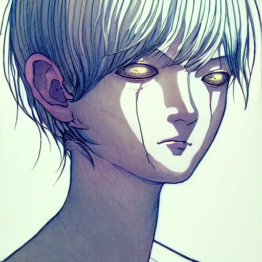 Image similar to prompt: Fragile looking soft light portrait face drawn by Katsuhiro Otomo, inspired by Ghost in Shell anime, magical and alchemical objects on the side, soft light, monochrome background, intricate detail, intricate ink painting detail, sharp high detail, manga and anime 2000