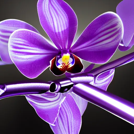 Prompt: an orchid flower, robotic, made of metal, shiny, glowing, unreal engine