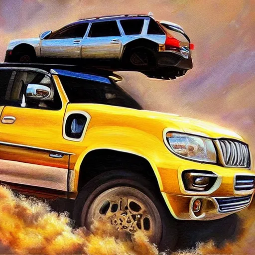 Image similar to realistic painting of a suv in the air