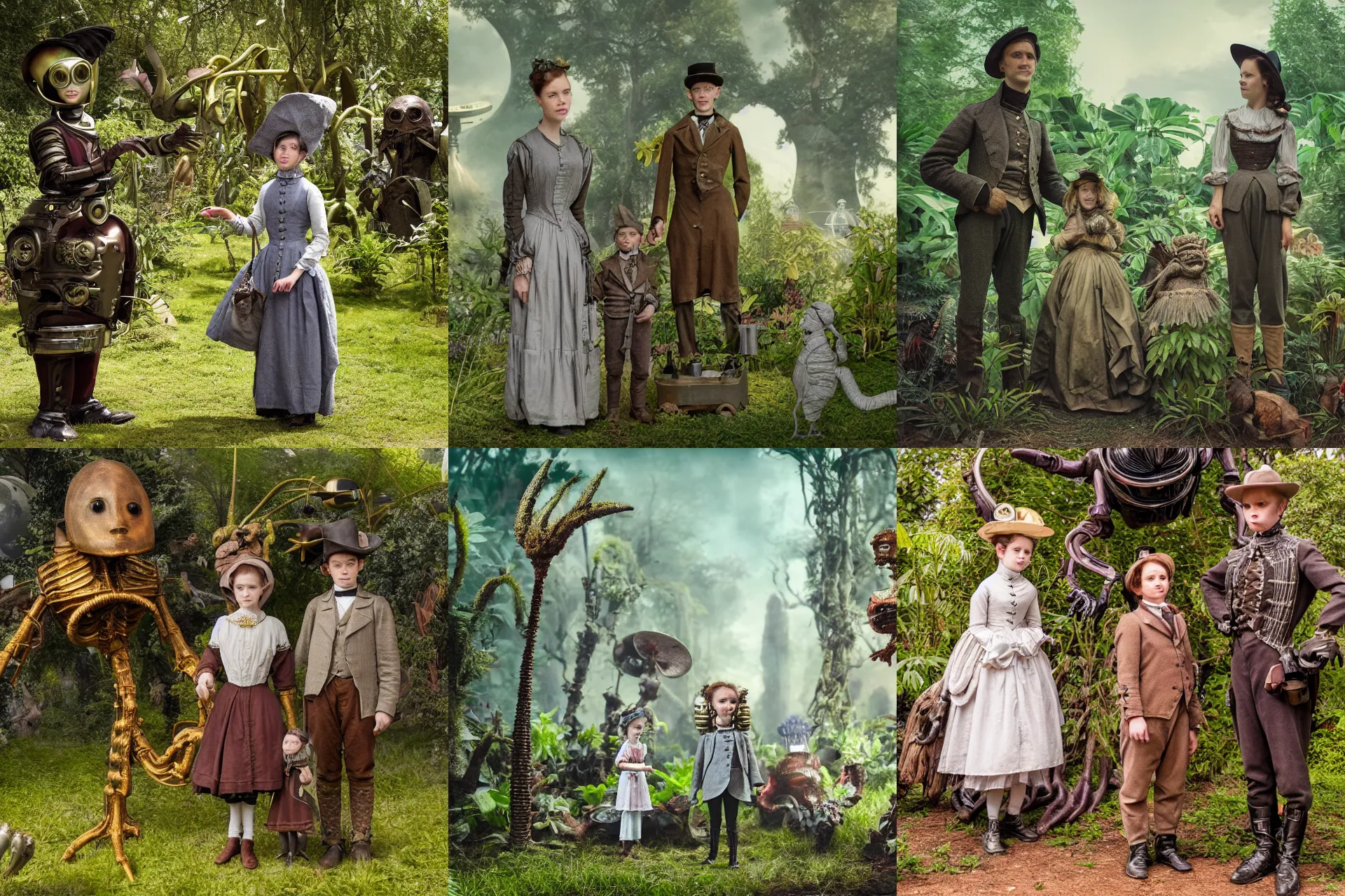 Prompt: detailed, sharp, a girl and a boy standing next to some alien plants, looking happy, wearing 1850s era clothes, their small pet alien creature is standing nearby, in a park on an alien planet, steampunk, extremely highly detailed, hyperrealistic, film still from a period sci fi movie, 8k, HD, good lighting