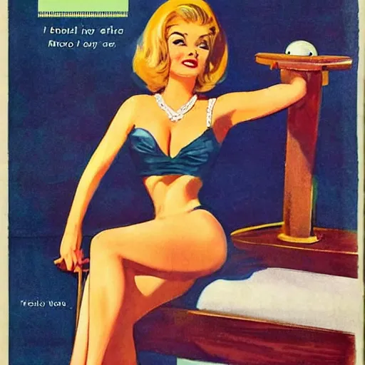 Image similar to 1960s pulp book cover featuring a pinup of a stunningly beautiful woman