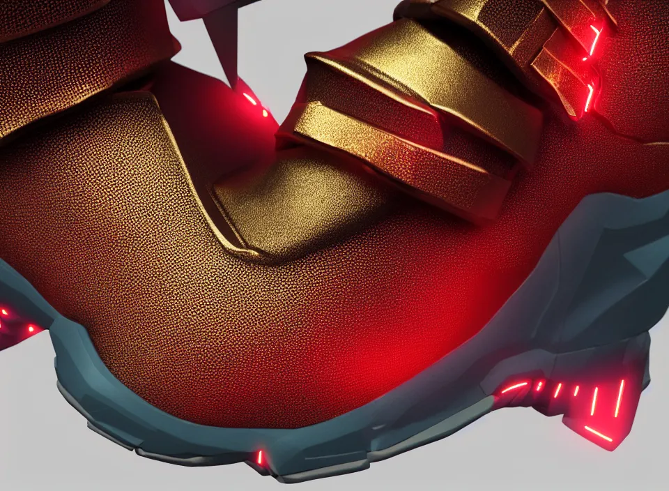 Prompt: realistic 3 d render of a cyberpunk android sneaker, beautiful studio lighting, soft, sharp focus, neon cyberpunk highlights, intricate detail, gold and red metal, soft rubber, textured plastic, octane render, side view, close up, trending on artstation, deviantart, bauhaus