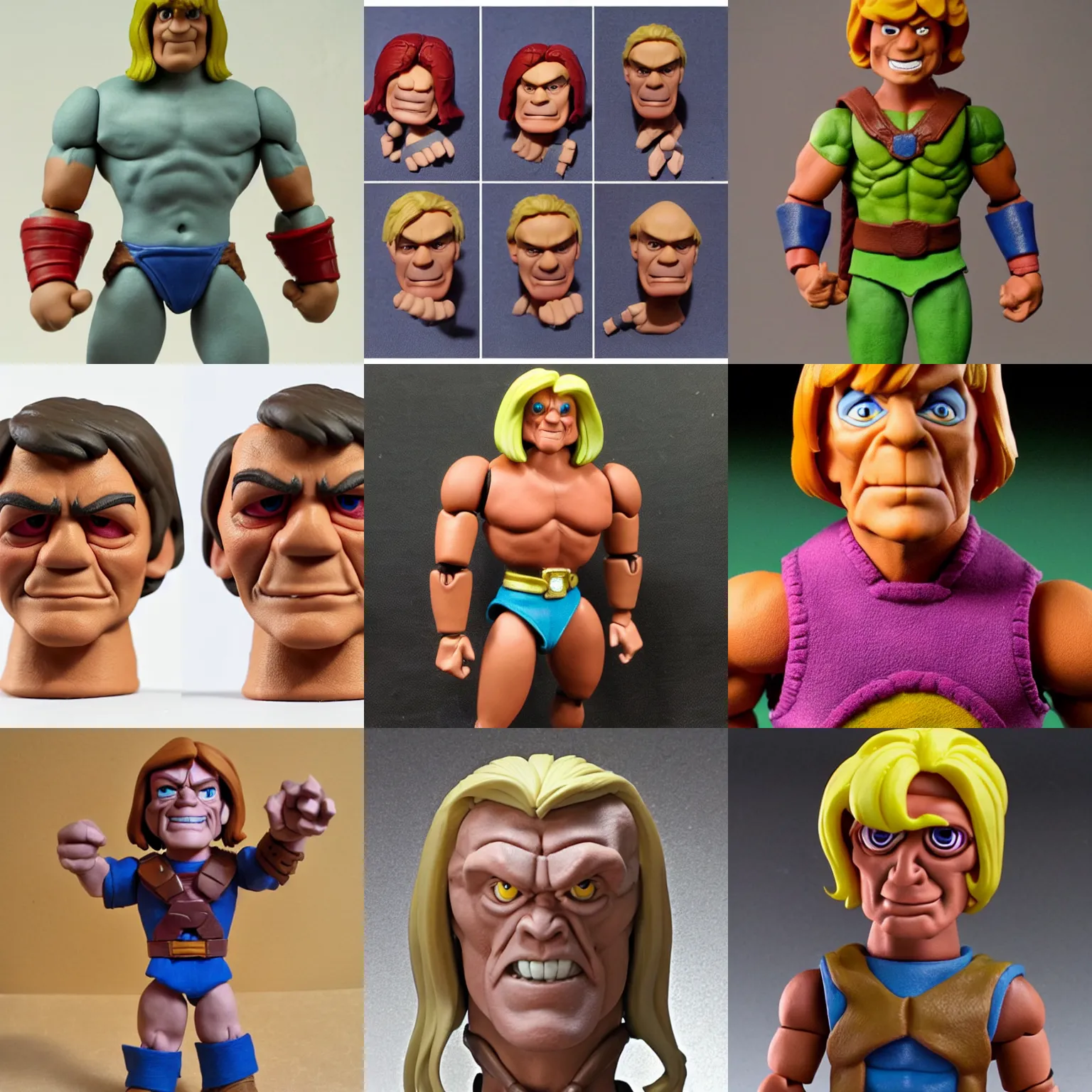 Prompt: real he-man by mattel!! clay! close detailed sculpted head , style: claymation puppet kids clay , by guldies