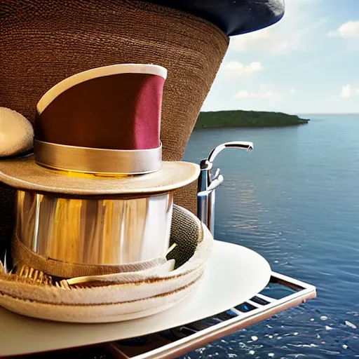 Image similar to a toilet filled with kitchen utensils wearing a tophat, on an island, view from front