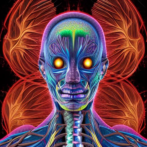 Image similar to full anterior shot human anatomical render in the style of alex grey, with an ornate fractal background featuring eyes