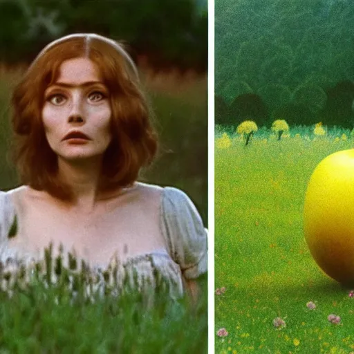 Image similar to a 1 9 7 7 beautiful woman and a 3 d rendering of an anthropomorphic apple in a meadow, color film still 1 9 7 7, tarkovsky