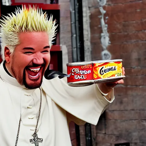 Prompt: crazy eyed demon laughing very hard at a can of spam, guy fieri, the pope, fifty cent