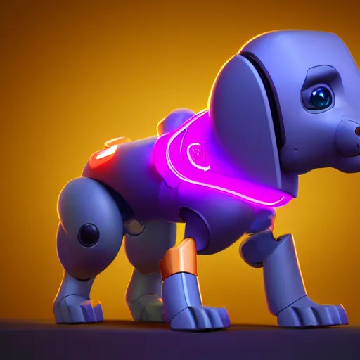 Image similar to isometric puppy bot, 3 d character realistic, very colorful, cinematic lighting, soft neon, volumetric lighting, apple design, jony ive, octane render, trending on artstation