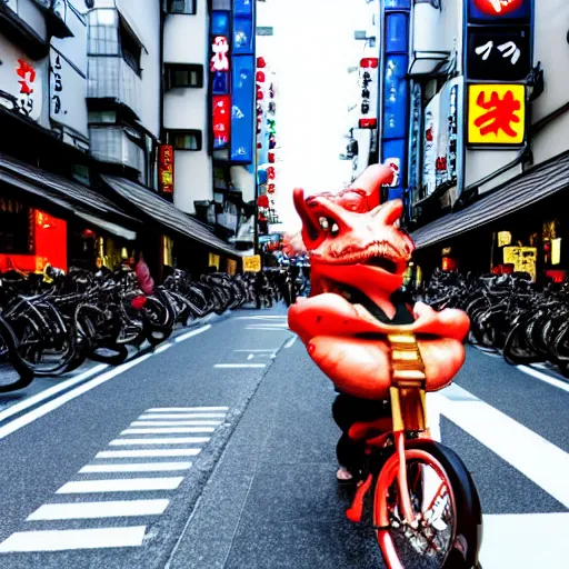 Image similar to a dragon riding a bike in the streets of tokyo