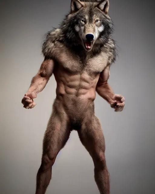 Prompt: a man wolf centaur, has the head of a timber wolf, torso of a man, and body of a wolf, standing on four legs, covered in fur, highly realistic, Rick Baker style, photoreal, studio lighting