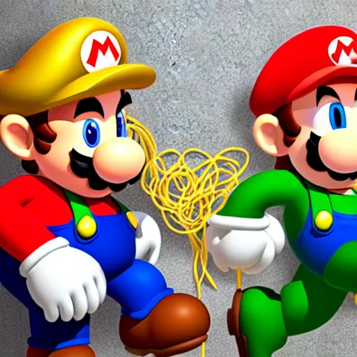 Image similar to photo of mario and luigi eating spaghetti at an italian restaurant