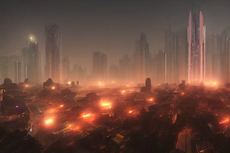 Image similar to Dhaka in the future, cyberpunk style, volumetric lighting, night, trending on artstation