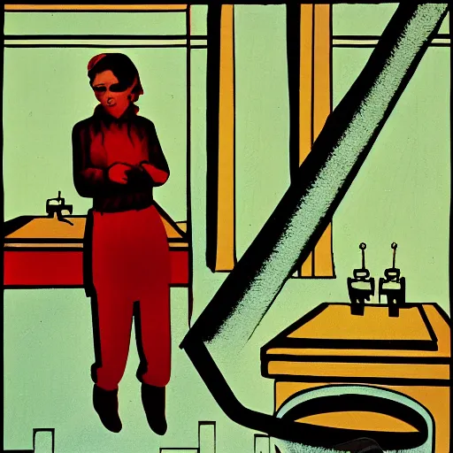 Prompt: soviet art style. woman working in a factory. folk horror
