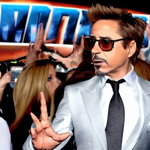 Prompt: robert downey jr. uses iron man hand to entertain fans