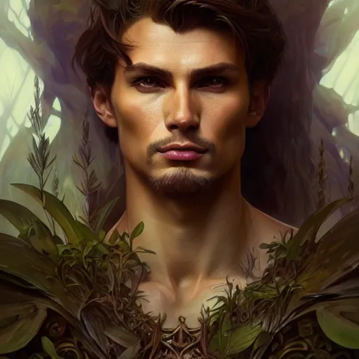 Image similar to portrait of forest gog, male, clear face, masculine, upper body, muscular, fantasy, intricate, elegant, highly detailed, digital painting, artstation, concept art, matte, sharp focus, illustration, art by artgerm and greg rutkowski and alphonse mucha